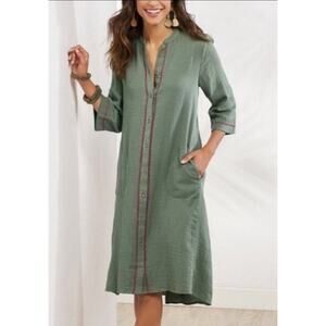 Soft Surroundings Dress Sz LG Olive Green Cristoforo Embroidered‎ Tassels Boho